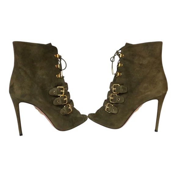 Aquazzura x Claudia Schiffer Vendome Buckled Suede Ankle Boots Size 8.5